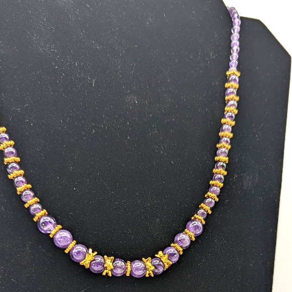 Stauer Genuine Amethyst Beaded Necklace Graduated with Gold Plated Spacers - Picture 7 of 12